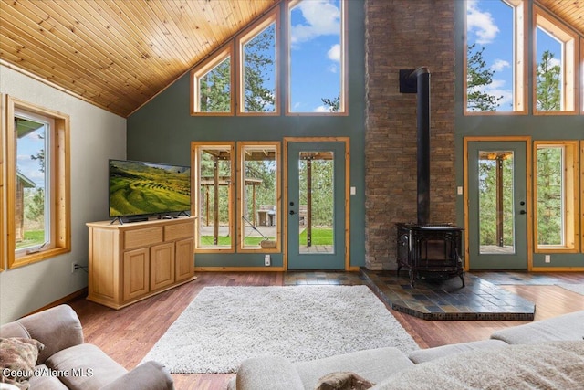 living room featuring a wood stove, high vaulted ceiling, wood-type flooring, and wood ceiling