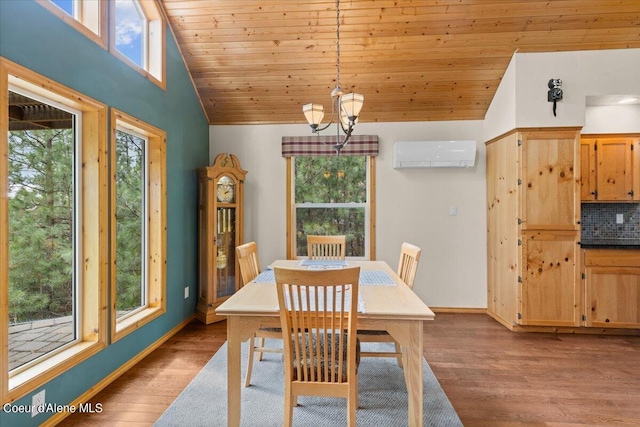 unfurnished dining area with a healthy amount of sunlight, wood-type flooring, and a wall mounted air conditioner