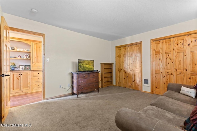 living room featuring a textured ceiling, carpet floors, and heating unit