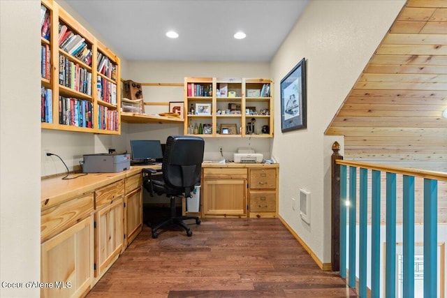 office featuring built in desk and dark hardwood / wood-style flooring