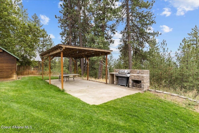 view of yard featuring an outdoor kitchen and a patio