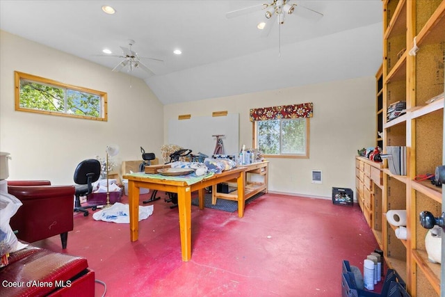 office featuring ceiling fan and vaulted ceiling