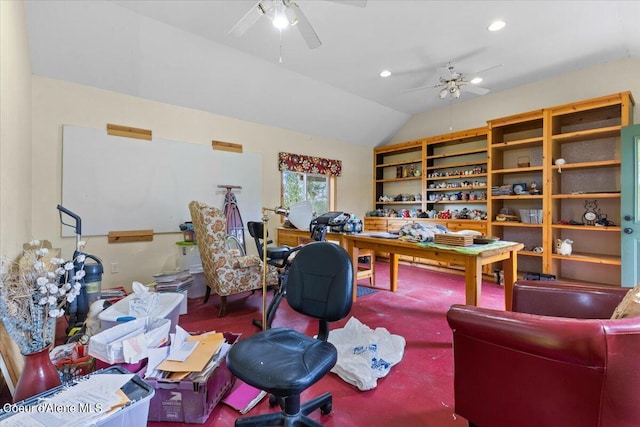 office with lofted ceiling, ceiling fan, and carpet floors