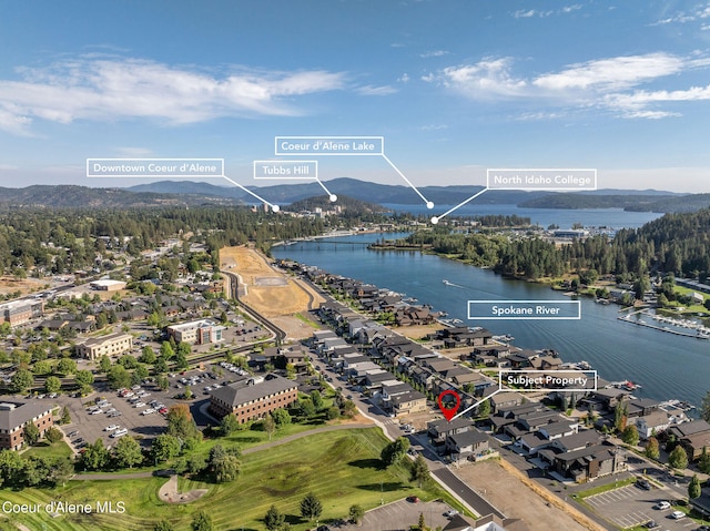 birds eye view of property with a water and mountain view