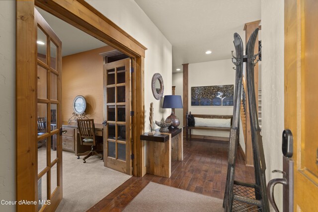home office with wood finished floors, french doors, and recessed lighting