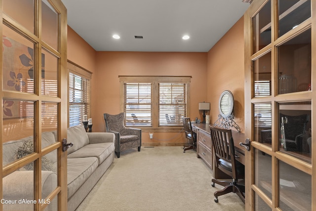 office space featuring french doors, carpet floors, visible vents, and recessed lighting