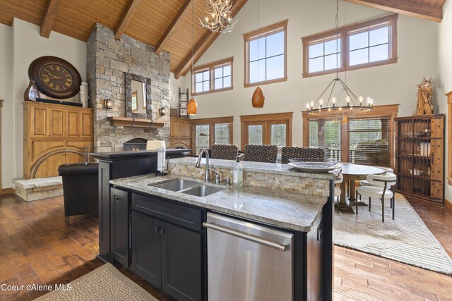 kitchen featuring stainless steel dishwasher, a notable chandelier, wooden ceiling, and a sink