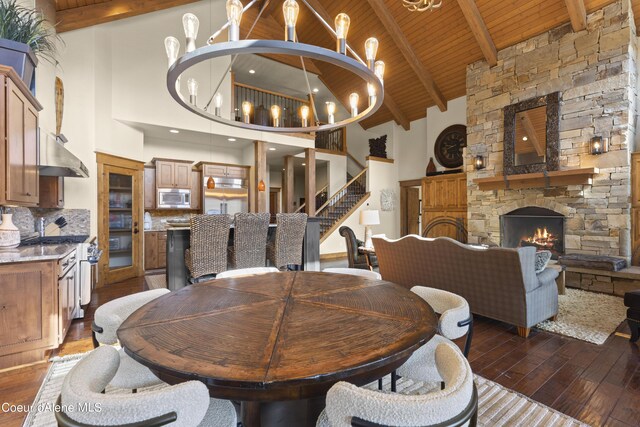 dining room with high vaulted ceiling, a chandelier, beam ceiling, dark wood-type flooring, and wooden ceiling
