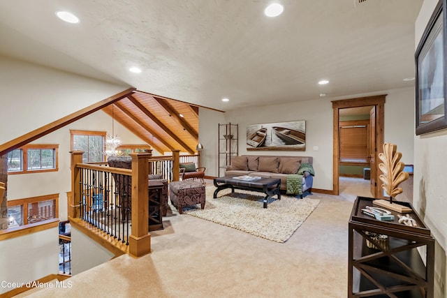 living area with baseboards, carpet floors, vaulted ceiling, and recessed lighting