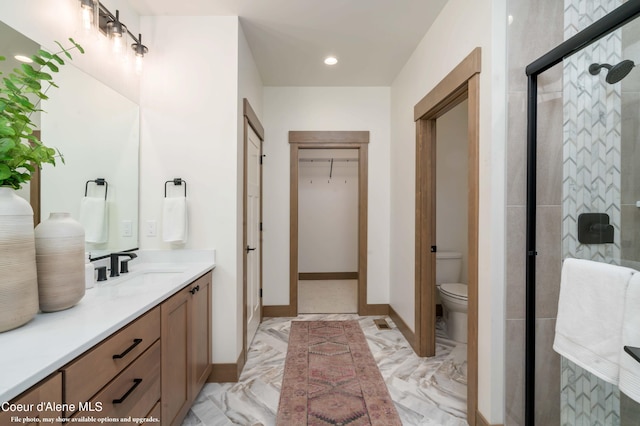 bathroom with vanity, toilet, and a shower with shower door