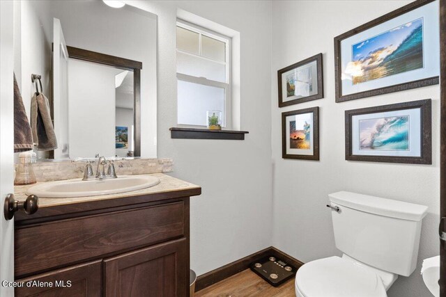 bathroom with vanity, toilet, and wood-type flooring