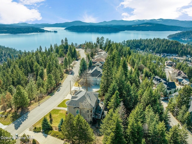 birds eye view of property with a water and mountain view