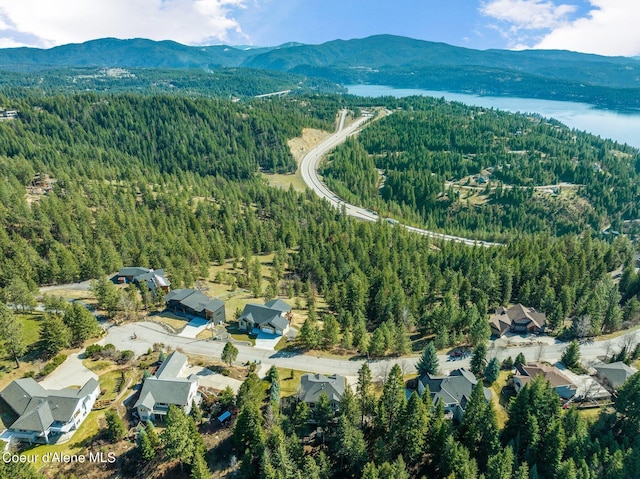bird's eye view with a wooded view and a mountain view
