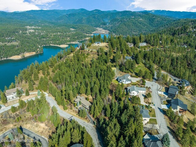 aerial view with a water and mountain view and a wooded view
