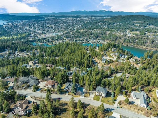 bird's eye view with a water and mountain view and a forest view