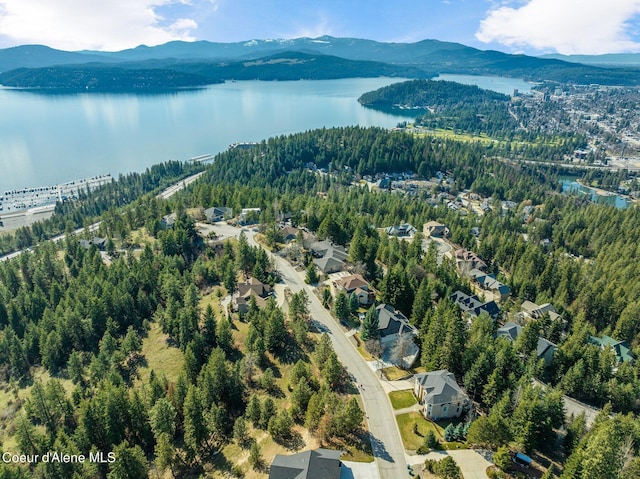 aerial view with a view of trees and a water and mountain view