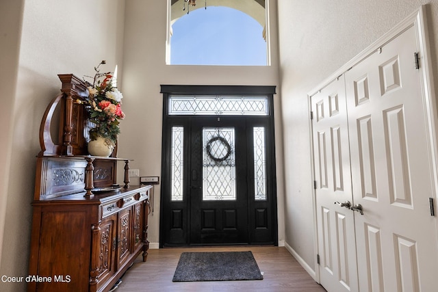 foyer featuring a high ceiling, baseboards, and wood finished floors