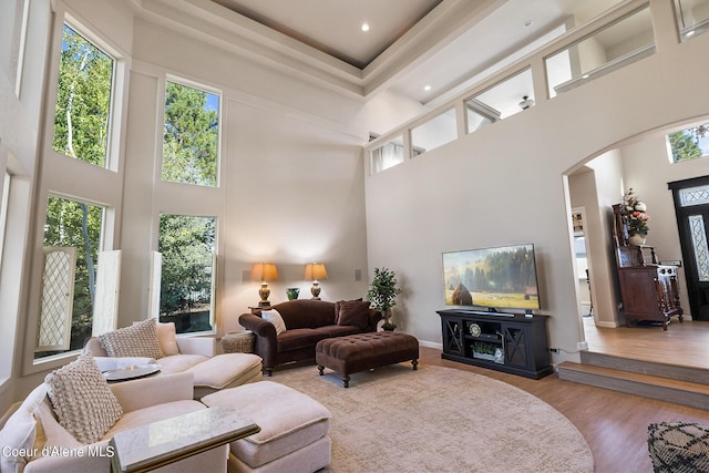 living area featuring wood finished floors, baseboards, arched walkways, a towering ceiling, and recessed lighting
