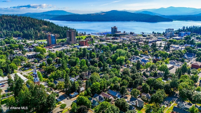 bird's eye view with a water and mountain view