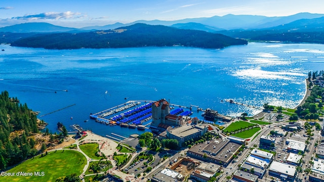 birds eye view of property with a water and mountain view