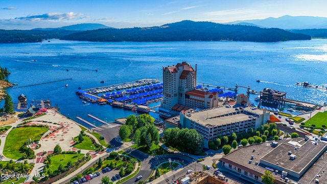 aerial view with a water and mountain view