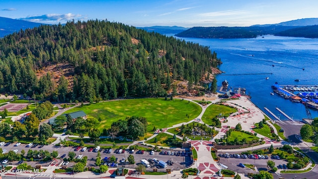 drone / aerial view featuring a water view