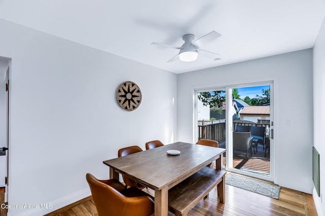 dining room featuring ceiling fan and light hardwood / wood-style flooring