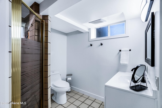 bathroom featuring an enclosed shower, vanity, toilet, and tile patterned floors