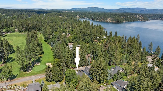 bird's eye view featuring a water and mountain view