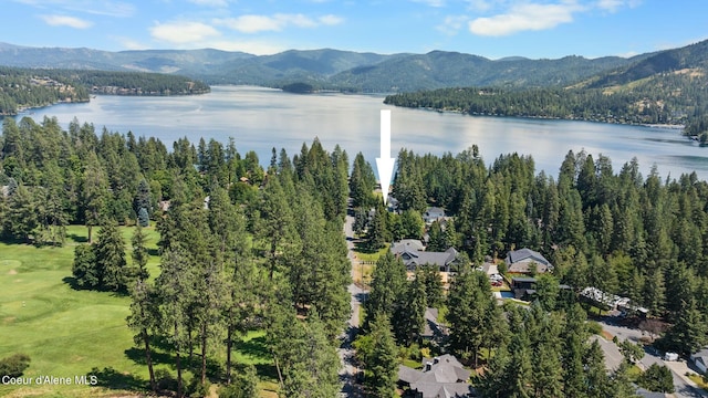 drone / aerial view with a water and mountain view