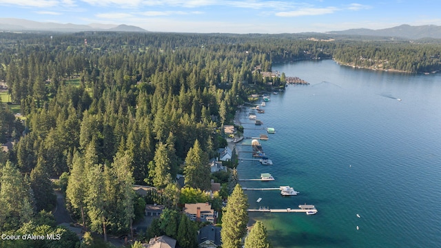 drone / aerial view featuring a water and mountain view