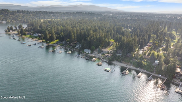 aerial view featuring a water and mountain view