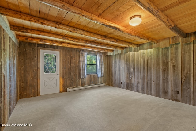 empty room featuring wood ceiling, beam ceiling, carpet, and a baseboard radiator