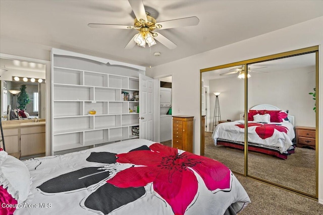 bedroom featuring carpet, ceiling fan, and a closet