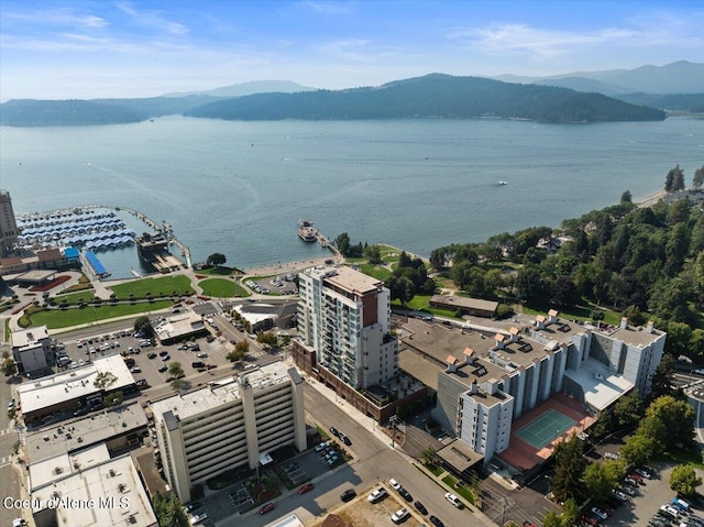 birds eye view of property with a water and mountain view