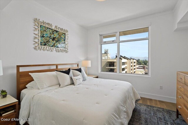 bedroom featuring hardwood / wood-style floors and ornamental molding