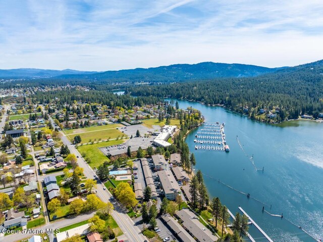 bird's eye view with a water and mountain view