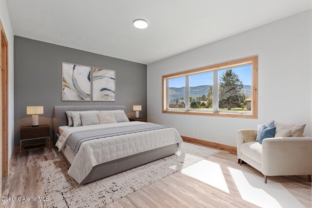 bedroom featuring a mountain view and light hardwood / wood-style floors