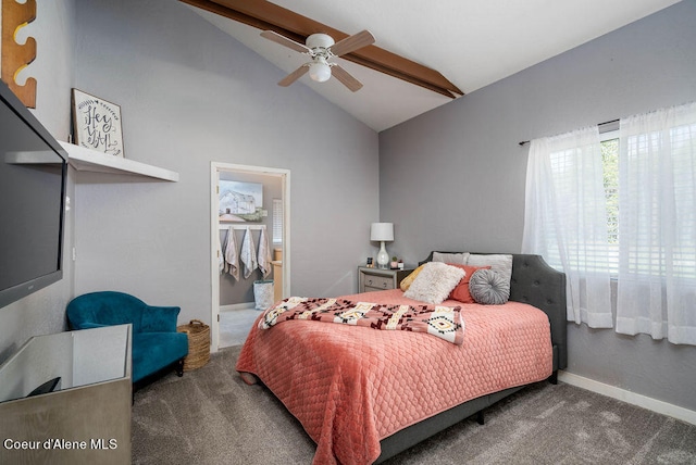 carpeted bedroom featuring vaulted ceiling with beams and ceiling fan