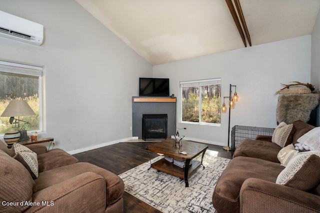 living room featuring dark hardwood / wood-style flooring, beam ceiling, high vaulted ceiling, and a wall mounted AC