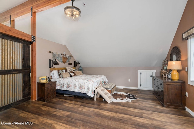 bedroom featuring lofted ceiling with beams and dark hardwood / wood-style flooring