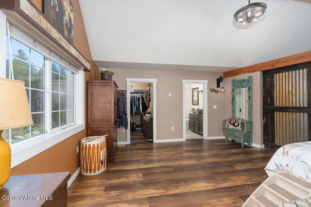 bedroom with a spacious closet, a closet, lofted ceiling, dark hardwood / wood-style floors, and ensuite bath