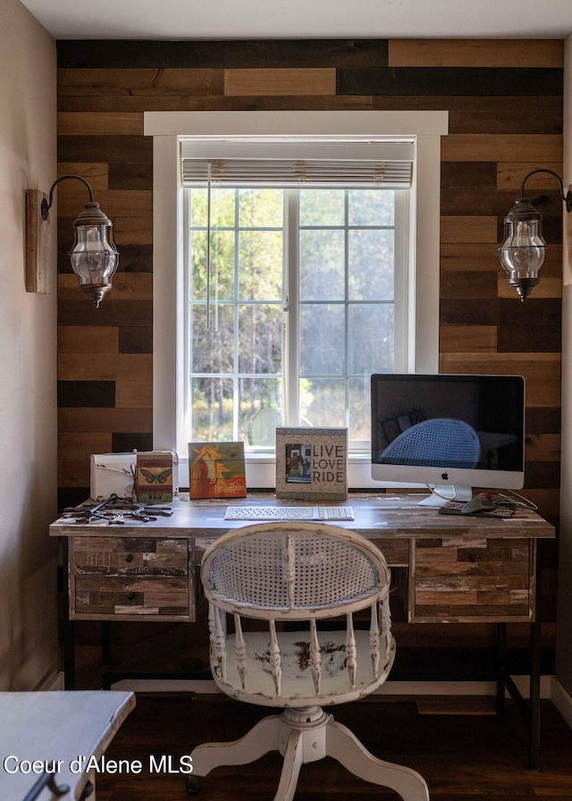 office area with wooden walls