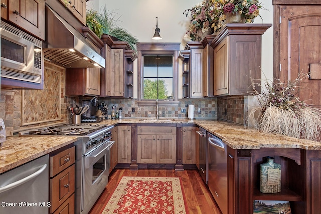 17023 S Citrine Dr, Coeur Dalene, ID 83814 - kitchen featuring open shelves, stainless steel appliances, under cabinet range hood, a sink, and wood finished floors