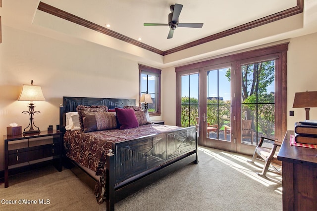 17023 S Citrine Dr, Coeur Dalene, ID 83814 - carpeted bedroom featuring a tray ceiling, access to exterior, ceiling fan, and ornamental molding