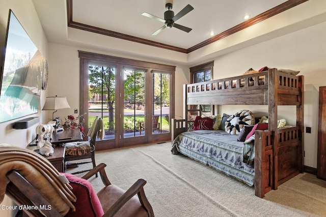 17023 S Citrine Dr, Coeur Dalene, ID 83814 - bedroom with access to exterior, crown molding, carpet floors, a raised ceiling, and a ceiling fan