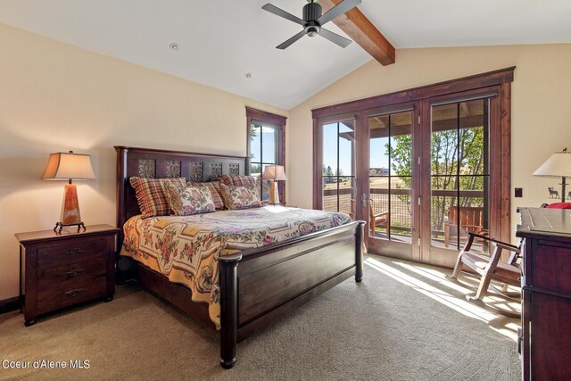 17023 S Citrine Dr, Coeur Dalene, ID 83814 - carpeted bedroom with access to exterior, ceiling fan, and lofted ceiling with beams