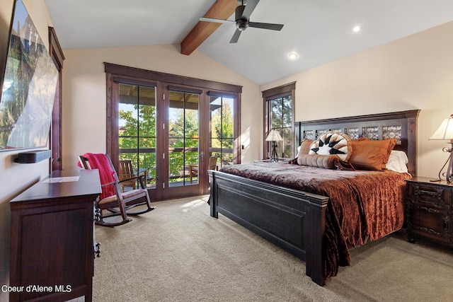17023 S Citrine Dr, Coeur Dalene, ID 83814 - bedroom featuring lofted ceiling with beams, carpet floors, access to exterior, and ceiling fan