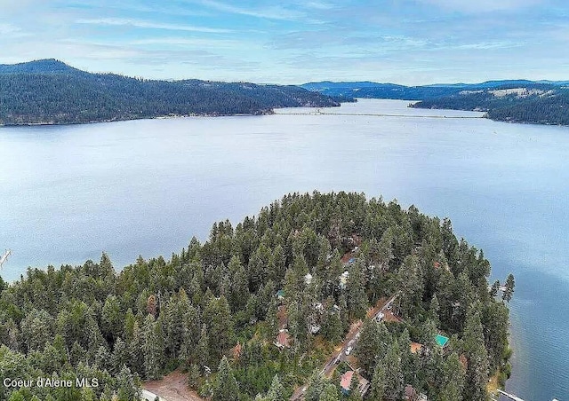 bird's eye view with a water and mountain view