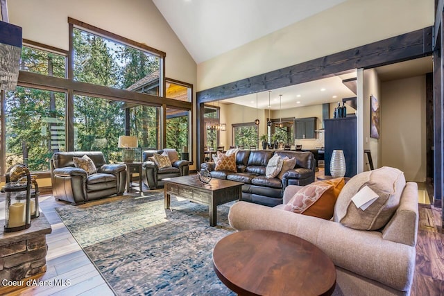 living room featuring wood-type flooring and high vaulted ceiling